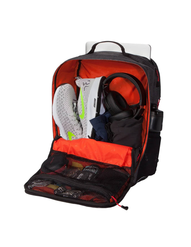 Two Wheel Gear Pannier Backpack Convertible PLUS 30L open with gear inside.
