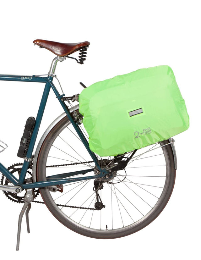 Pannier Laptop Messenger attached to bike with rain cover.